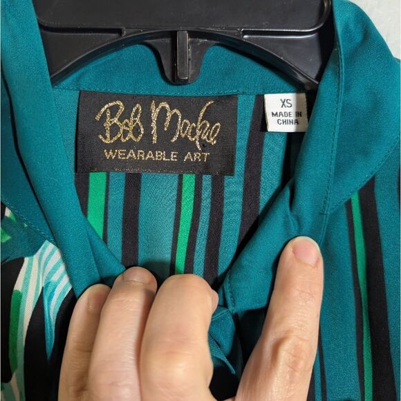Bob Mackie Wearable Art Teal Blue Green Silk Floral Striped Button-Up Blouse XS - Picture 4 of 7